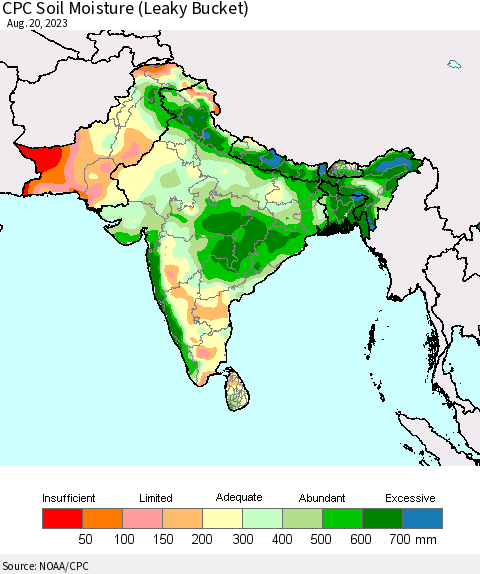 Southern Asia CPC Soil Moisture (Leaky Bucket) Thematic Map For 8/16/2023 - 8/20/2023
