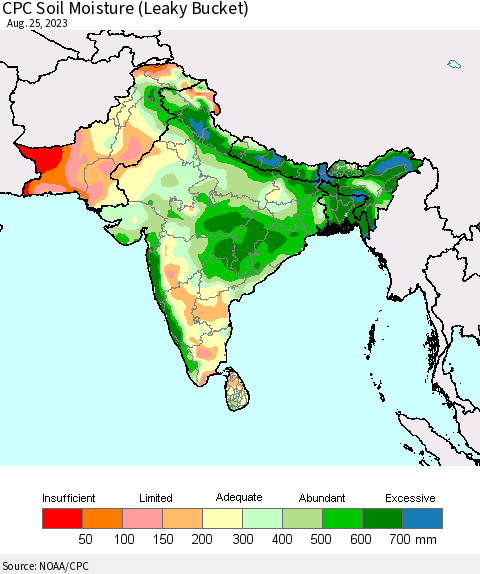 Southern Asia CPC Soil Moisture (Leaky Bucket) Thematic Map For 8/21/2023 - 8/25/2023