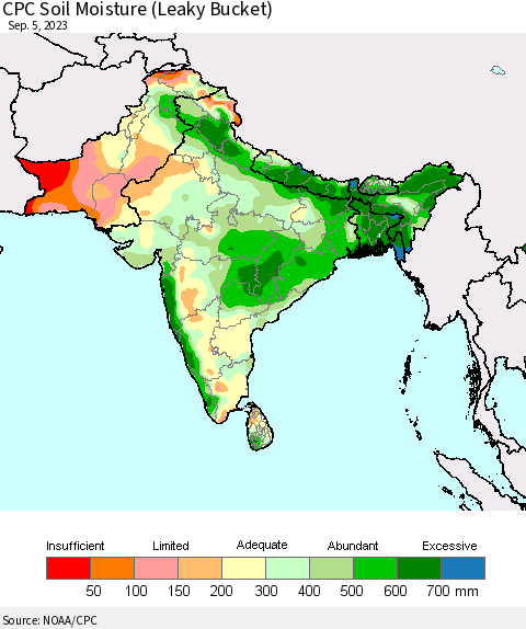 Southern Asia CPC Soil Moisture (Leaky Bucket) Thematic Map For 9/1/2023 - 9/5/2023