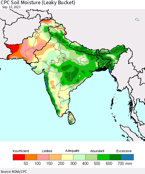 Southern Asia CPC Soil Moisture (Leaky Bucket) Thematic Map For 9/6/2023 - 9/10/2023