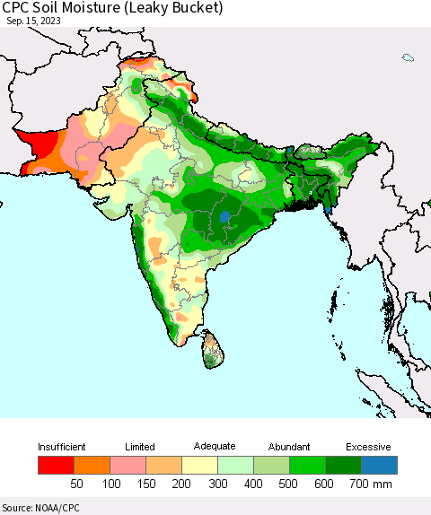 Southern Asia CPC Soil Moisture (Leaky Bucket) Thematic Map For 9/11/2023 - 9/15/2023