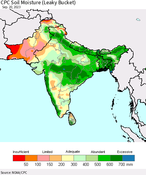 Southern Asia CPC Soil Moisture (Leaky Bucket) Thematic Map For 9/16/2023 - 9/20/2023