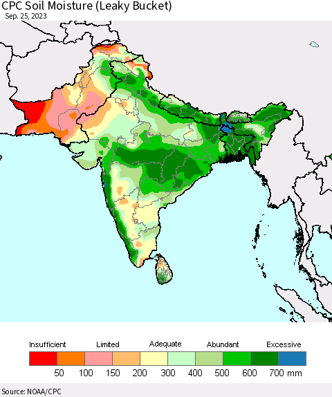 Southern Asia CPC Soil Moisture (Leaky Bucket) Thematic Map For 9/21/2023 - 9/25/2023