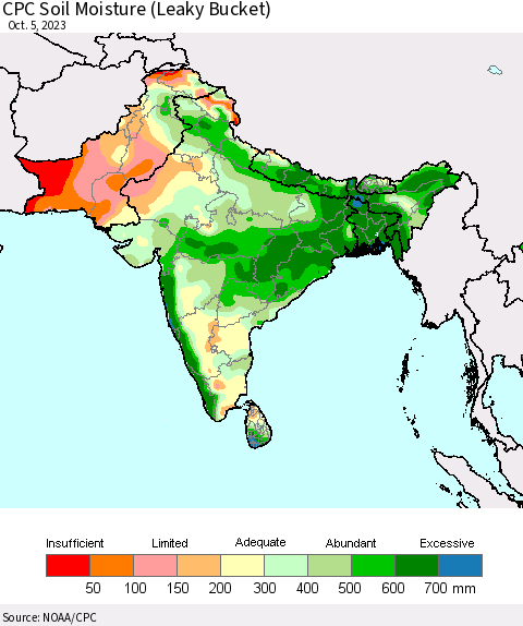 Southern Asia CPC Soil Moisture (Leaky Bucket) Thematic Map For 10/1/2023 - 10/5/2023