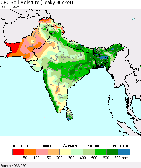 Southern Asia CPC Soil Moisture (Leaky Bucket) Thematic Map For 10/6/2023 - 10/10/2023