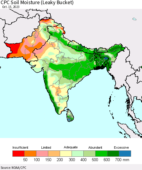 Southern Asia CPC Soil Moisture (Leaky Bucket) Thematic Map For 10/11/2023 - 10/15/2023