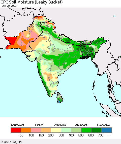 Southern Asia CPC Soil Moisture (Leaky Bucket) Thematic Map For 10/16/2023 - 10/20/2023