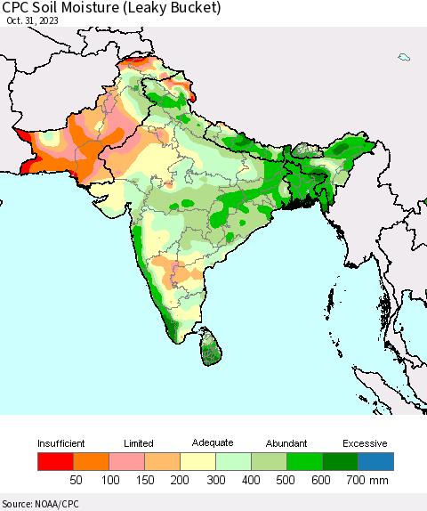 Southern Asia CPC Soil Moisture (Leaky Bucket) Thematic Map For 10/26/2023 - 10/31/2023