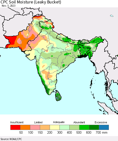 Southern Asia CPC Soil Moisture (Leaky Bucket) Thematic Map For 11/1/2023 - 11/5/2023