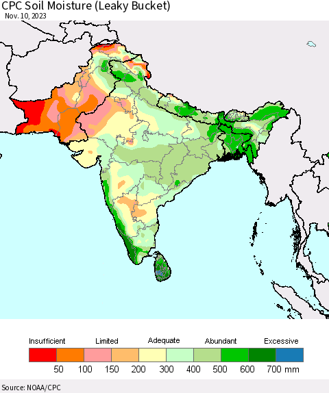 Southern Asia CPC Soil Moisture (Leaky Bucket) Thematic Map For 11/6/2023 - 11/10/2023