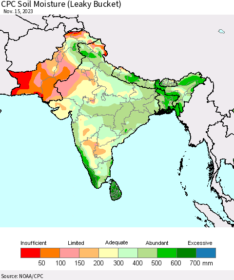Southern Asia CPC Soil Moisture (Leaky Bucket) Thematic Map For 11/11/2023 - 11/15/2023