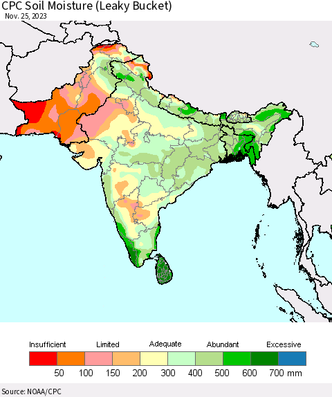 Southern Asia CPC Soil Moisture (Leaky Bucket) Thematic Map For 11/21/2023 - 11/25/2023