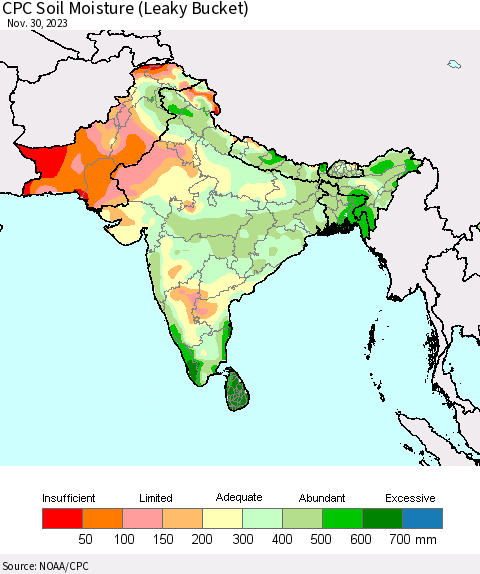 Southern Asia CPC Soil Moisture (Leaky Bucket) Thematic Map For 11/26/2023 - 11/30/2023