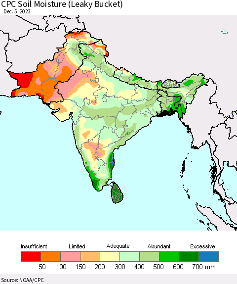 Southern Asia CPC Soil Moisture (Leaky Bucket) Thematic Map For 12/1/2023 - 12/5/2023