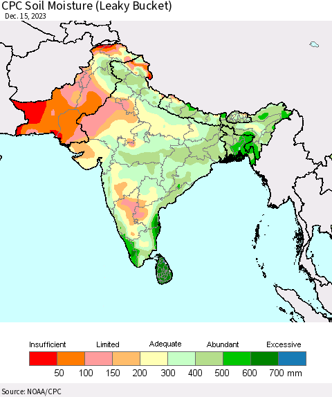 Southern Asia CPC Soil Moisture (Leaky Bucket) Thematic Map For 12/11/2023 - 12/15/2023
