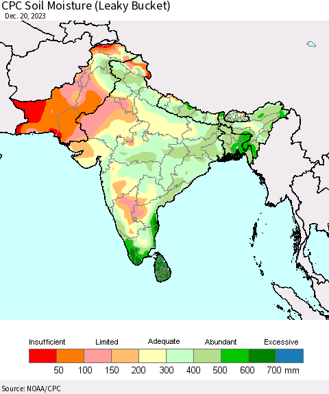 Southern Asia CPC Soil Moisture (Leaky Bucket) Thematic Map For 12/16/2023 - 12/20/2023