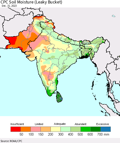 Southern Asia CPC Soil Moisture (Leaky Bucket) Thematic Map For 12/26/2023 - 12/31/2023