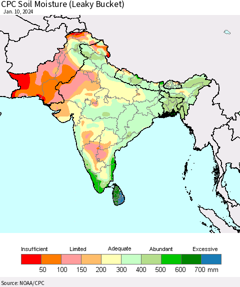Southern Asia CPC Soil Moisture (Leaky Bucket) Thematic Map For 1/6/2024 - 1/10/2024