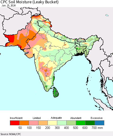 Southern Asia CPC Soil Moisture (Leaky Bucket) Thematic Map For 1/21/2024 - 1/25/2024