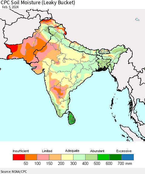 Southern Asia CPC Soil Moisture (Leaky Bucket) Thematic Map For 2/1/2024 - 2/5/2024