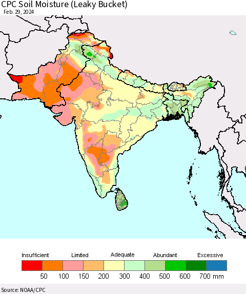 Southern Asia CPC Soil Moisture (Leaky Bucket) Thematic Map For 2/26/2024 - 2/29/2024