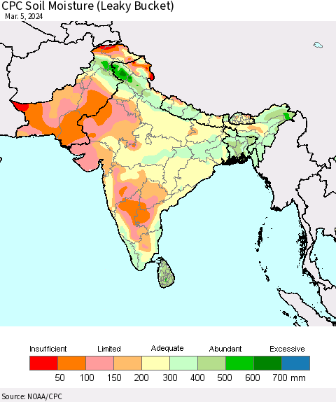 Southern Asia CPC Soil Moisture (Leaky Bucket) Thematic Map For 3/1/2024 - 3/5/2024