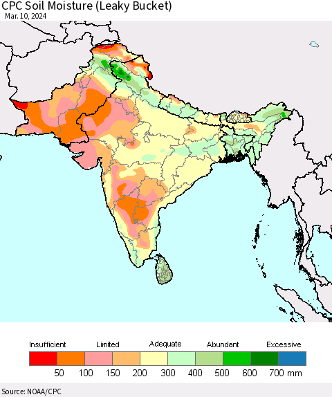 Southern Asia CPC Soil Moisture (Leaky Bucket) Thematic Map For 3/6/2024 - 3/10/2024