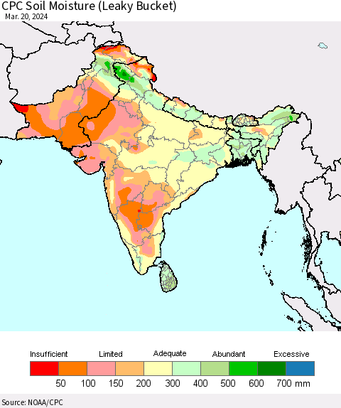Southern Asia CPC Soil Moisture (Leaky Bucket) Thematic Map For 3/16/2024 - 3/20/2024