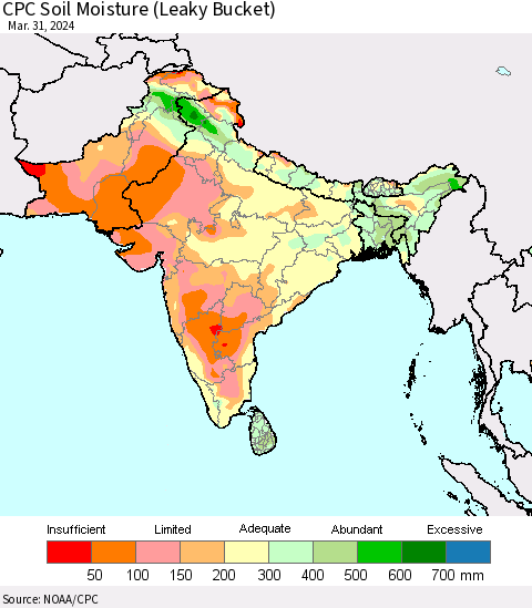 Southern Asia CPC Soil Moisture (Leaky Bucket) Thematic Map For 3/26/2024 - 3/31/2024