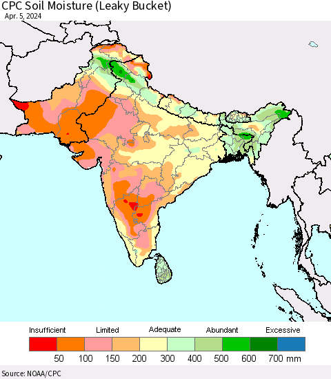 Southern Asia CPC Soil Moisture (Leaky Bucket) Thematic Map For 4/1/2024 - 4/5/2024