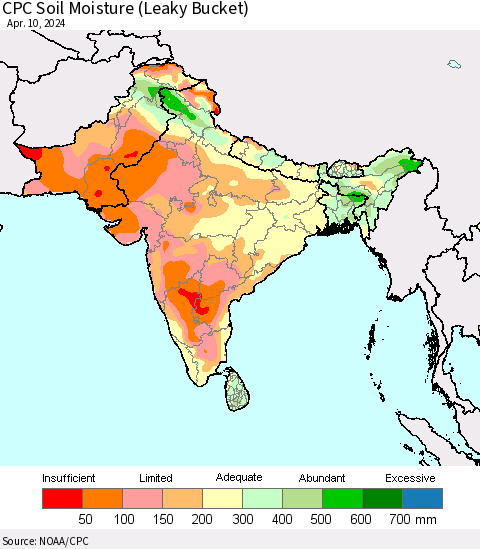 Southern Asia CPC Soil Moisture (Leaky Bucket) Thematic Map For 4/6/2024 - 4/10/2024
