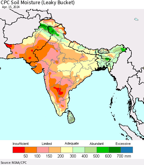 Southern Asia CPC Soil Moisture (Leaky Bucket) Thematic Map For 4/11/2024 - 4/15/2024