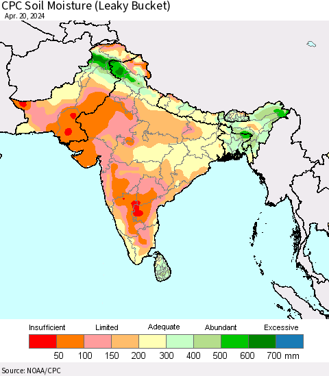 Southern Asia CPC Soil Moisture (Leaky Bucket) Thematic Map For 4/16/2024 - 4/20/2024