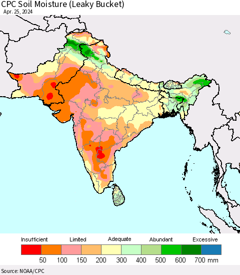 Southern Asia CPC Soil Moisture (Leaky Bucket) Thematic Map For 4/21/2024 - 4/25/2024