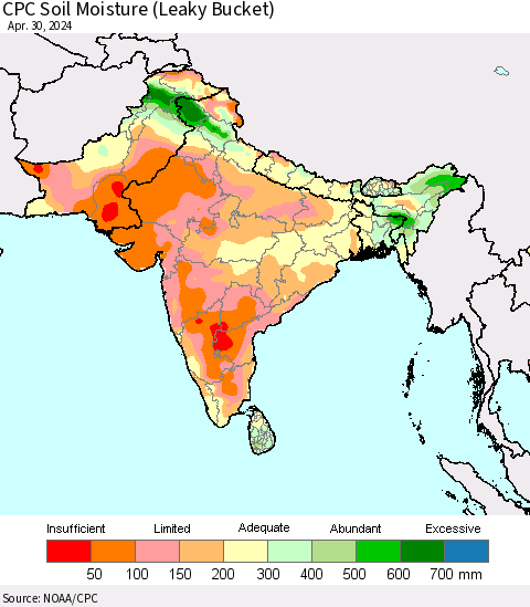 Southern Asia CPC Soil Moisture (Leaky Bucket) Thematic Map For 4/26/2024 - 4/30/2024