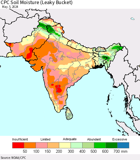 Southern Asia CPC Soil Moisture (Leaky Bucket) Thematic Map For 5/1/2024 - 5/5/2024