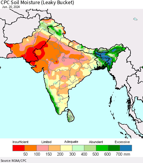 Southern Asia CPC Soil Moisture (Leaky Bucket) Thematic Map For 6/16/2024 - 6/20/2024