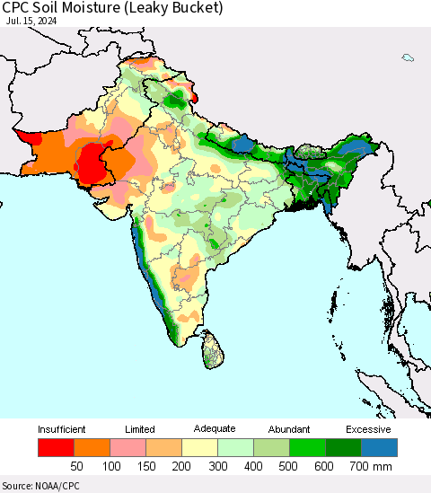 Southern Asia CPC Soil Moisture (Leaky Bucket) Thematic Map For 7/11/2024 - 7/15/2024