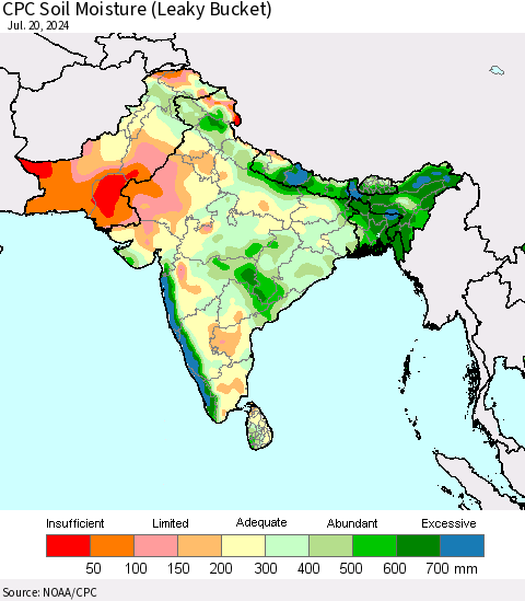 Southern Asia CPC Soil Moisture (Leaky Bucket) Thematic Map For 7/16/2024 - 7/20/2024