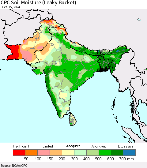 Southern Asia CPC Soil Moisture (Leaky Bucket) Thematic Map For 10/11/2024 - 10/15/2024