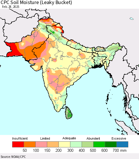 Southern Asia CPC Soil Moisture (Leaky Bucket) Thematic Map For 2/26/2025 - 2/28/2025