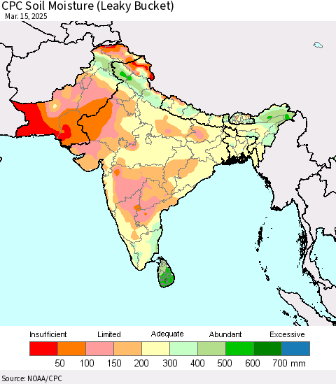 Southern Asia CPC Soil Moisture (Leaky Bucket) Thematic Map For 3/11/2025 - 3/15/2025