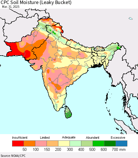 Southern Asia CPC Soil Moisture (Leaky Bucket) Thematic Map For 3/26/2025 - 3/31/2025