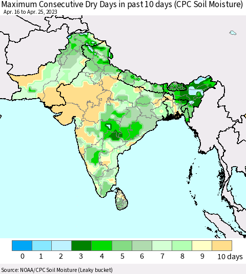 Southern Asia Maximum Consecutive Dry Days in past 10 days (CPC Soil Moisture) Thematic Map For 4/21/2023 - 4/25/2023