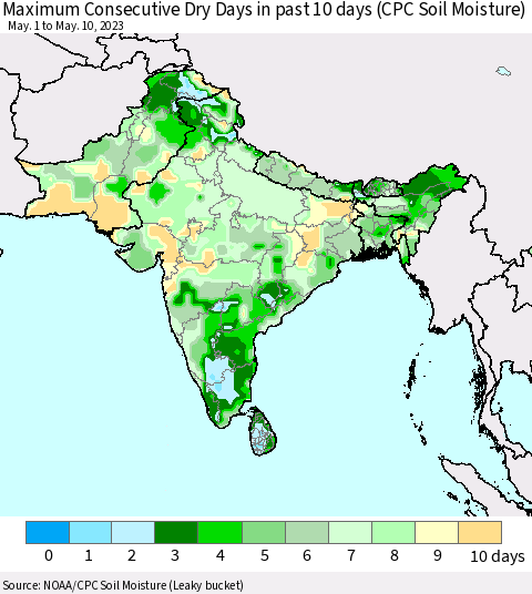 Southern Asia Maximum Consecutive Dry Days in past 10 days (CPC Soil Moisture) Thematic Map For 5/6/2023 - 5/10/2023