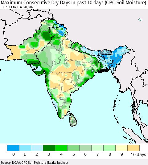Southern Asia Maximum Consecutive Dry Days in past 10 days (CPC Soil Moisture) Thematic Map For 6/16/2023 - 6/20/2023