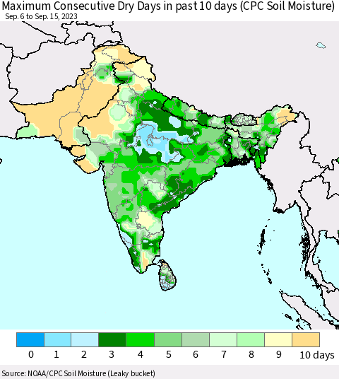 Southern Asia Maximum Consecutive Dry Days in past 10 days (CPC Soil Moisture) Thematic Map For 9/11/2023 - 9/15/2023
