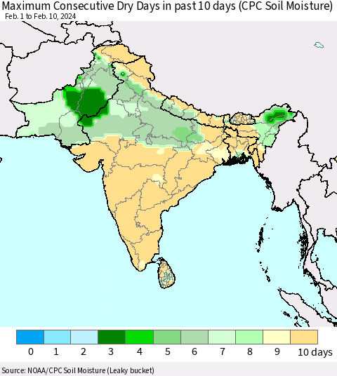 Southern Asia Maximum Consecutive Dry Days in past 10 days (CPC Soil Moisture) Thematic Map For 2/6/2024 - 2/10/2024
