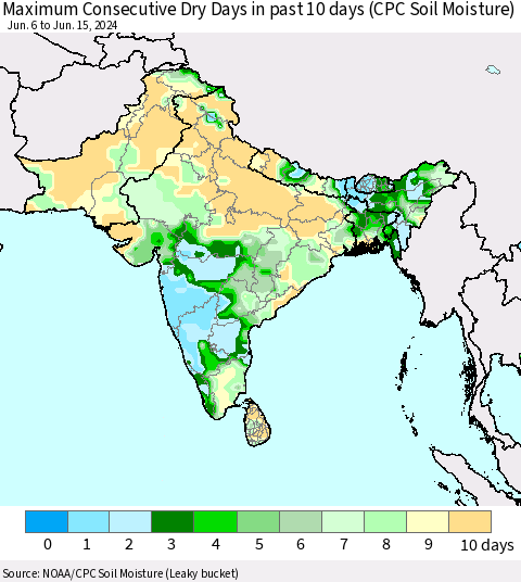 Southern Asia Maximum Consecutive Dry Days in past 10 days (CPC Soil Moisture) Thematic Map For 6/11/2024 - 6/15/2024