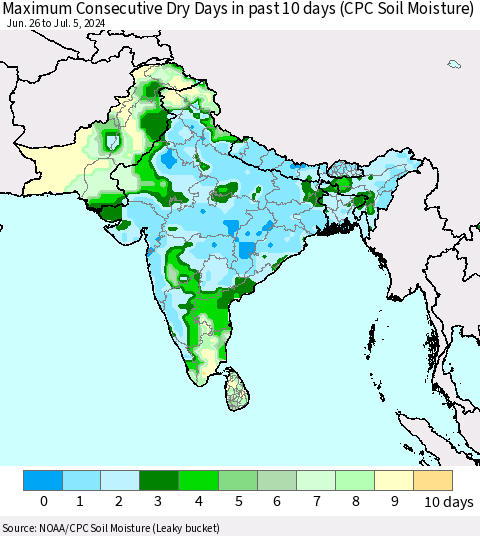 Southern Asia Maximum Consecutive Dry Days in past 10 days (CPC Soil Moisture) Thematic Map For 7/1/2024 - 7/5/2024